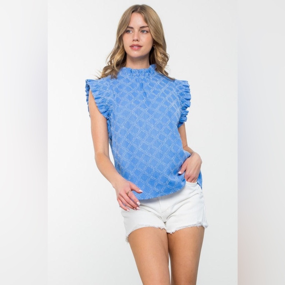 THML Blue Ruffle Sleeve Mock Neck Blouse